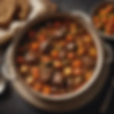 A hearty beef stew in a rustic pot, filled with fresh vegetables