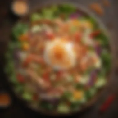 Salad with Sriracha Ranch A colorful salad drizzled with Sriracha ranch dressing, showcasing its creamy texture.