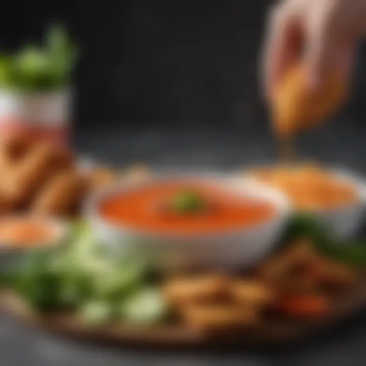 An assortment of dipping options including vegetables and chicken wings paired with Sriracha ranch.