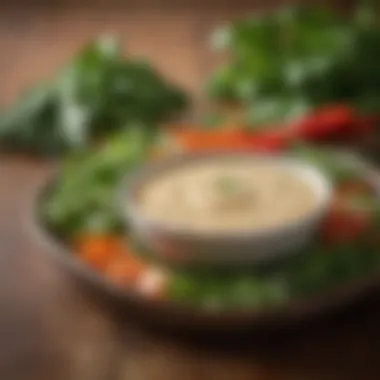 Vibrant Sriracha Ranch Dressing A vibrant bowl of freshly made Sriracha ranch dressing surrounded by fresh herbs and spices.