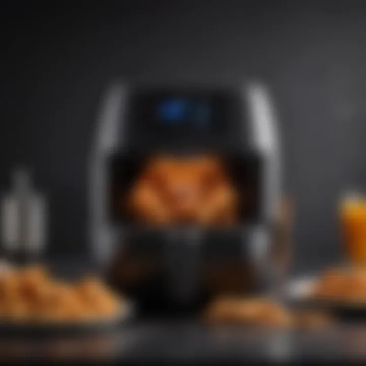 Air fryer with a display showing cooking settings