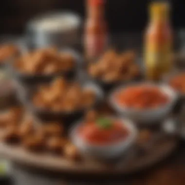 A variety of sauces for chicken wings on a table