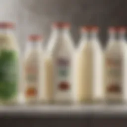 A variety of plant-based milk options in glass containers, showcasing diversity.