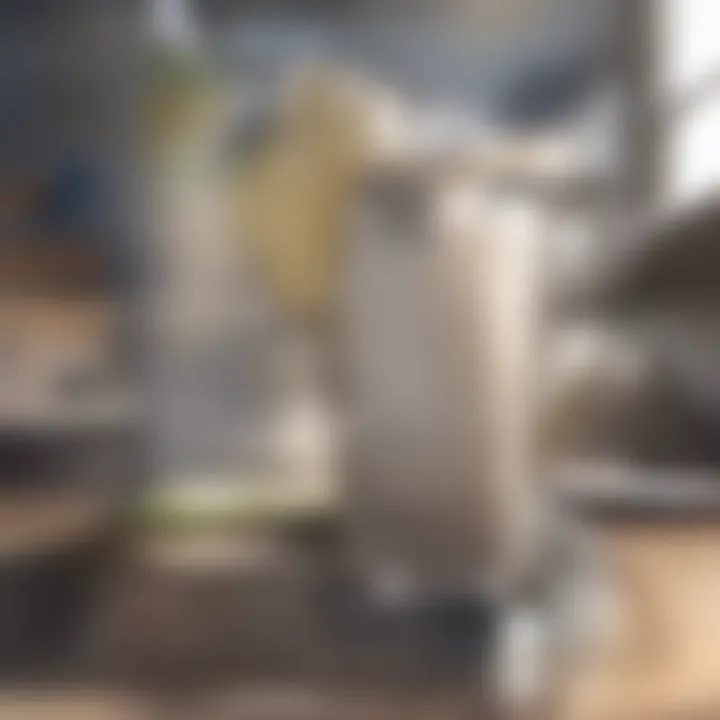 Close-up view of a glass of fresh organic milk with healthy ingredients in the background