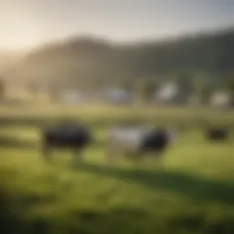 A serene organic dairy farm showcasing lush pastures and grazing cows