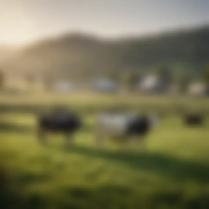 A serene organic dairy farm showcasing lush pastures and grazing cows