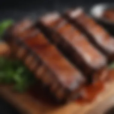 Glazed Beef Ribs A close-up view of beef ribs glazed with a rich barbecue sauce