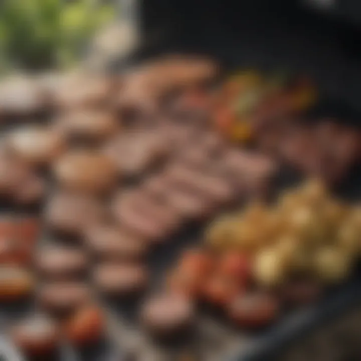 An outdoor BBQ setup featuring various meats and seasonal vegetables