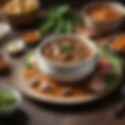A bowl of rich beef gravy surrounded by fresh ingredients