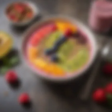 A colorful smoothie bowl topped with fresh fruits and seeds