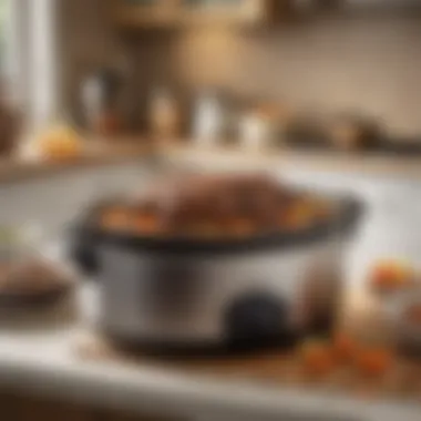 Crock Pot in Action with Savory Pot Roast A slow cooker on a kitchen counter filled with pot roast