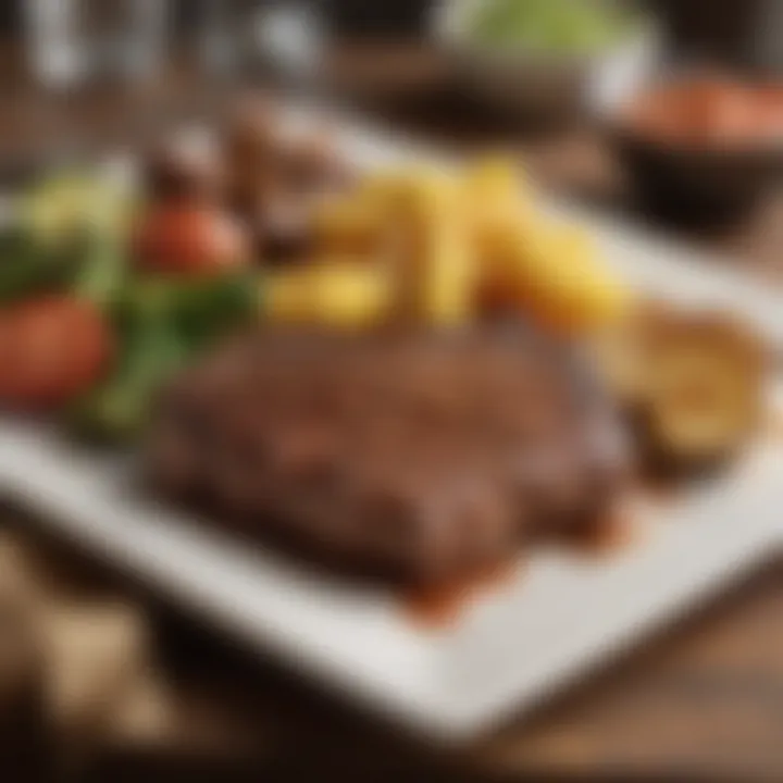 Plated barbecue steak served with sides and garnished