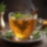 A steaming cup of herbal tea with fresh herbs and honey