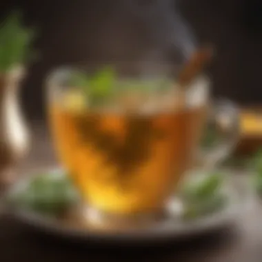 A steaming cup of herbal tea with fresh herbs and honey