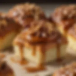 A close-up view of freshly baked sticky buns topped with caramel and nuts.