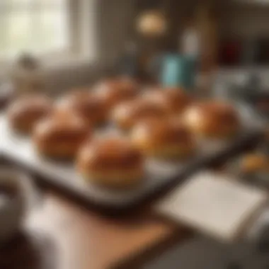 An inviting kitchen scene with baking tools and a recipe book open to sticky buns.