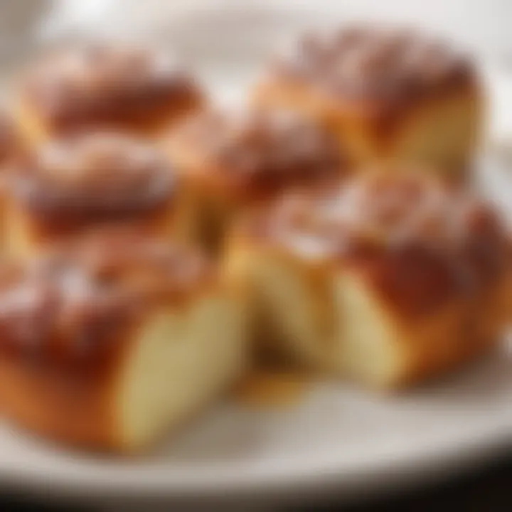 A beautifully plated dish of sticky buns garnished with a drizzle of icing.