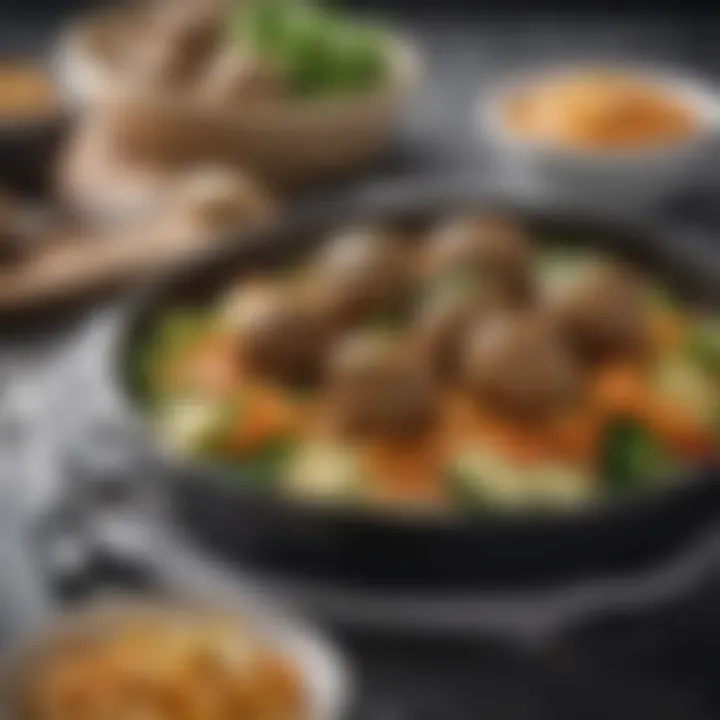 An artistic arrangement of Beyond Meat Swedish meatballs with fresh vegetables