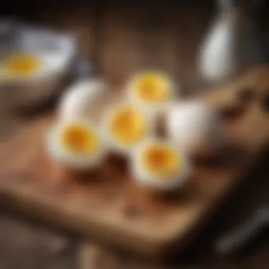 Hard-boiled eggs placed on a wooden cutting board