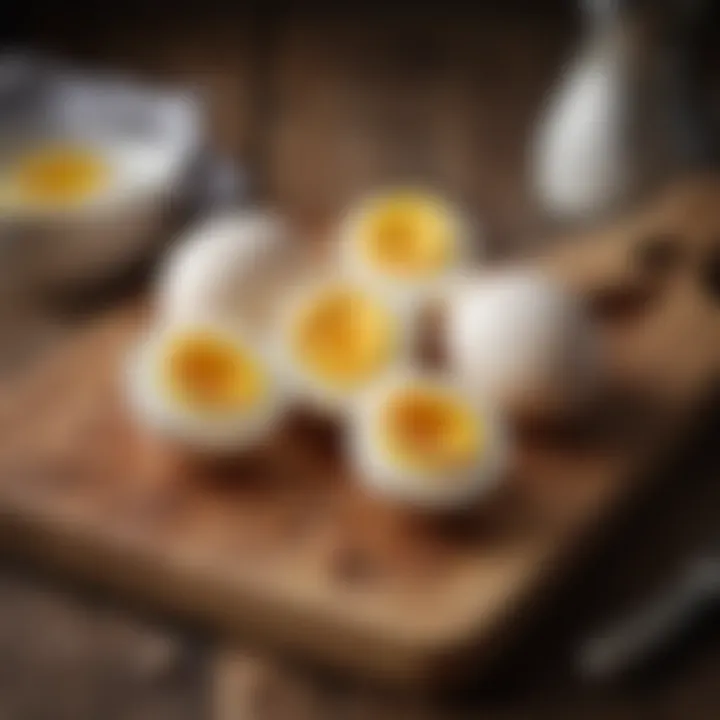 Hard-boiled eggs placed on a wooden cutting board