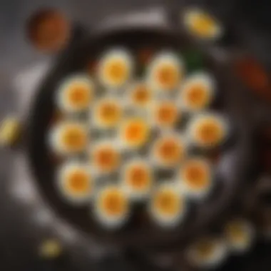 An arranged platter of boiled eggs with seasoning