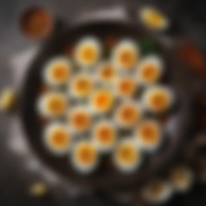An arranged platter of boiled eggs with seasoning