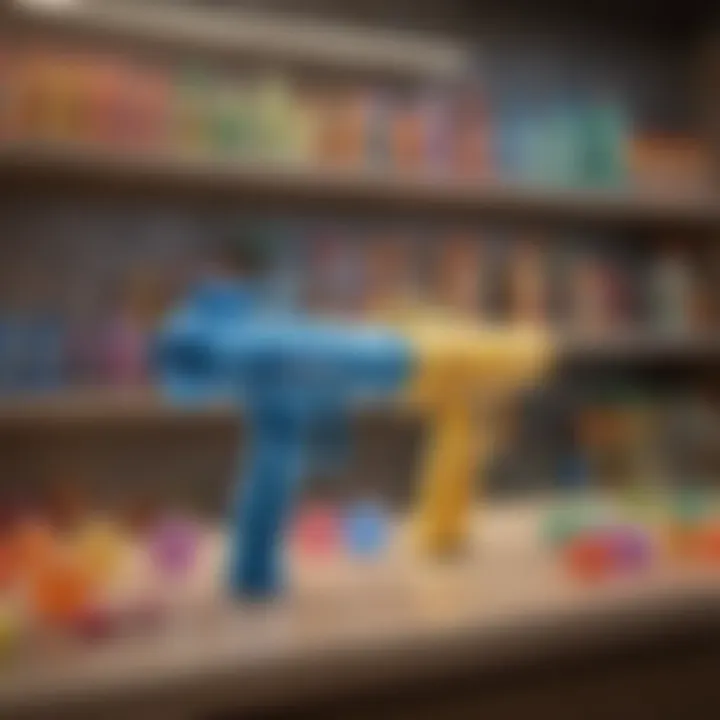 Colorful bubble guns displayed on a store shelf