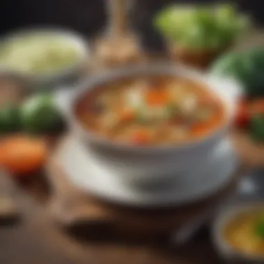 Complementing Cabbage Soup with Healthy Choices A table set with a variety of healthy dishes including cabbage soup