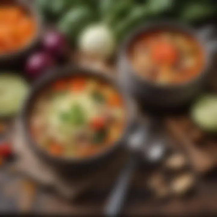 Close-up of key ingredients for cabbage soup arranged