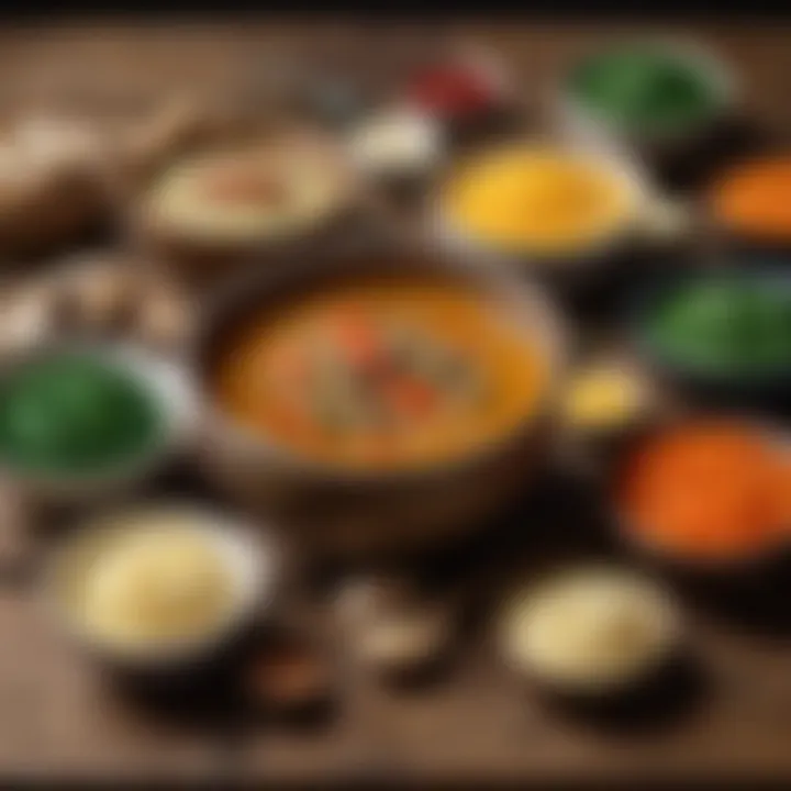 A visually appealing display of various soup ingredients on a wooden table