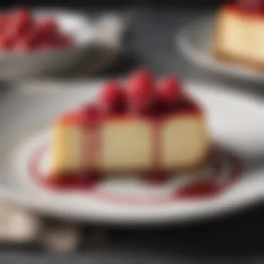 A slice of Carnegie cheesecake elegantly plated with a raspberry drizzle