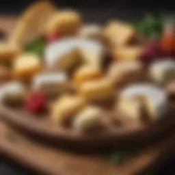 A variety of cheese types on a wooden board