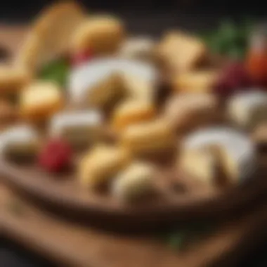 A variety of cheese types on a wooden board