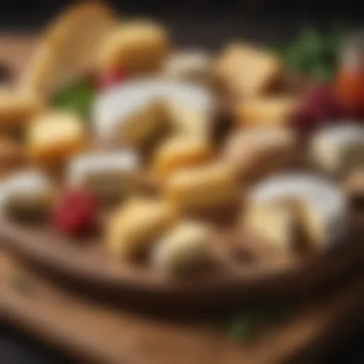 A variety of cheese types on a wooden board
