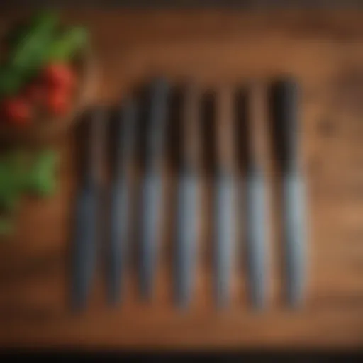 A variety of chef knives displayed on a wooden surface