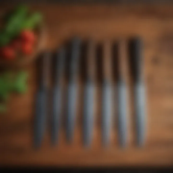 A variety of chef knives displayed on a wooden surface