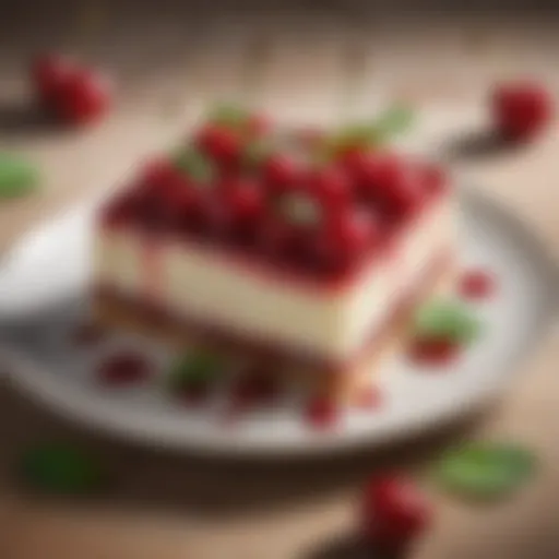An elegant slice of cherry dessert adorned with fresh cherries and mint leaves