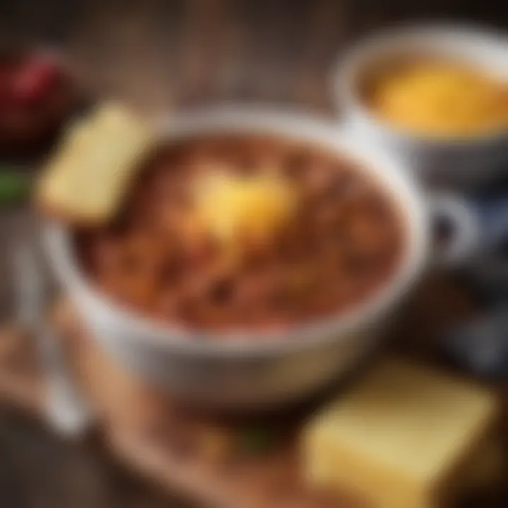 Hearty beef chili served with cornbread and topped with shredded cheese.