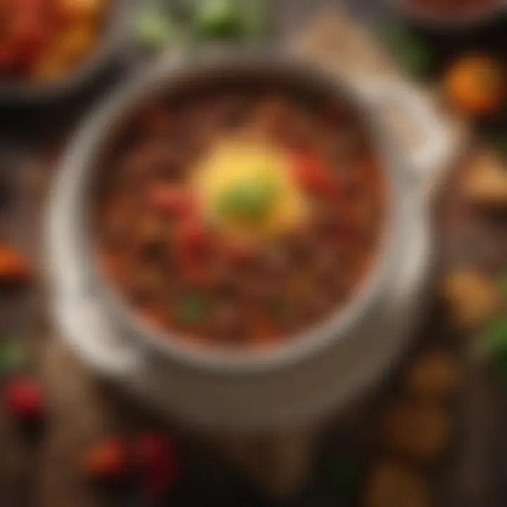 Sizzling beef chili with an array of colorful peppers and spices.