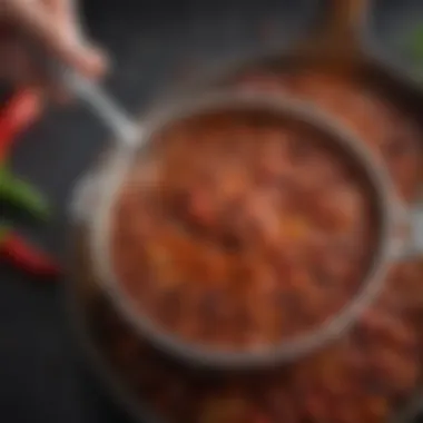 A close-up of a ladle scooping chili, displaying the hearty consistency and garnishes.