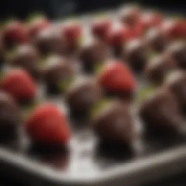 Chocolate coated strawberries cooling on a tray