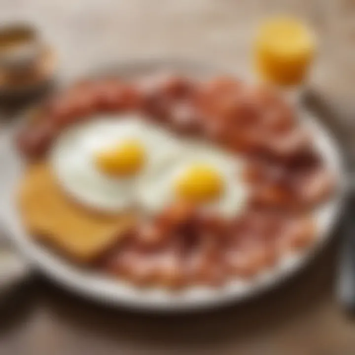 A plate of breakfast items including bacon and eggs