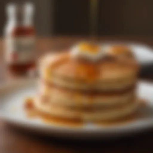 Warm freshly baked pancakes with maple syrup