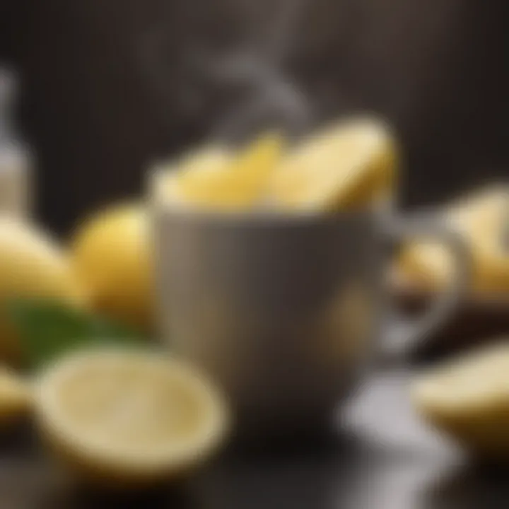 Close-up of lemon wedges beside a steaming cup