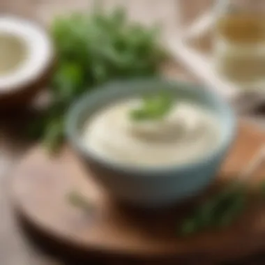 A bowl of creamy coconut oil mayonnaise with fresh herbs.