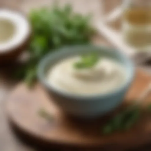 A bowl of creamy coconut oil mayonnaise with fresh herbs.