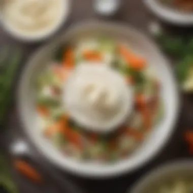 A spoonful of coconut oil mayonnaise drizzled over fresh vegetables.