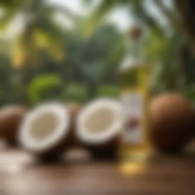 Coconut Oil and Tropical Essence Bottles of coconut oil with tropical backdrop