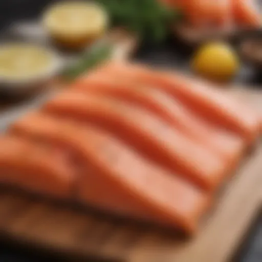 A vibrant display of fresh Pacific salmon fillets on a wooden cutting board.