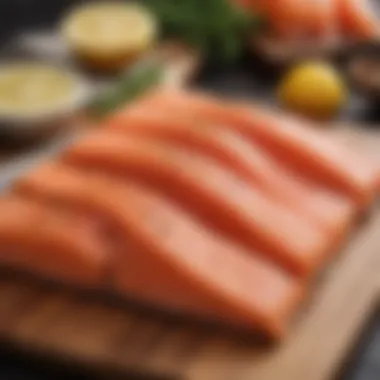 Fresh Pacific Salmon Fillets A vibrant display of fresh Pacific salmon fillets on a wooden cutting board.